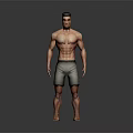 Muscular Shirtless Male Character Standing in Gray Shorts on Gray Background