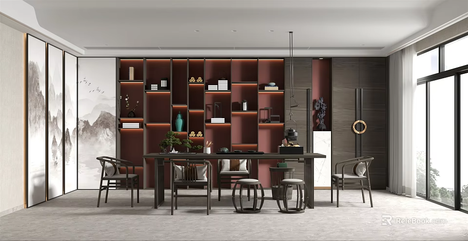 Traditional Chinese Tea Room Interior With Dark Wood Table Chairs Red Shelves And Mountain Painting 3d model 