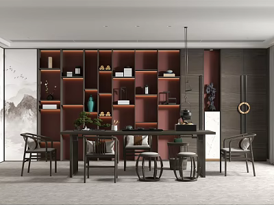 Traditional Chinese Tea Room Interior With Dark Wood Table Chairs Red Shelves And Mountain Painting 3d model