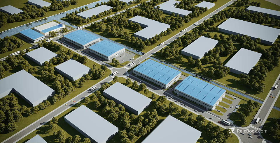 Modern Industrial Factory Complex Featuring Multiple Buildings Green Trees And Road Layout 3d model 