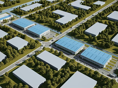 Modern Industrial Factory Complex Featuring Multiple Buildings Green Trees And Road Layout 3d model