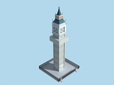 Iconic Clock Tower with White Structure Blue Roof Spire and Clocks on Base Platform 3d model