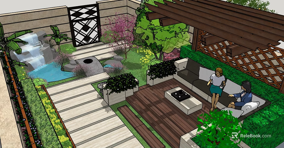 Rockery Stones In Modern Garden Landscaping With Green Plants And Water Features 3d model 