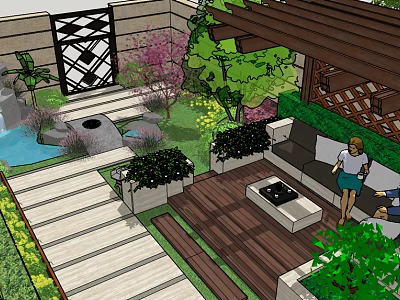 Rockery Stones In Modern Garden Landscaping With Green Plants And Water Features 3d model