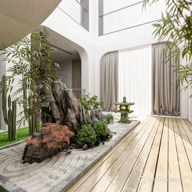 Tranquil Garden Ornament Setting With Rockery Stone Lantern Bamboo And Wooden Deck 3d model 