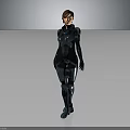 Futuristic Sci Fi Female Character in Blue Black Tech Armor Standing Against Gray Background