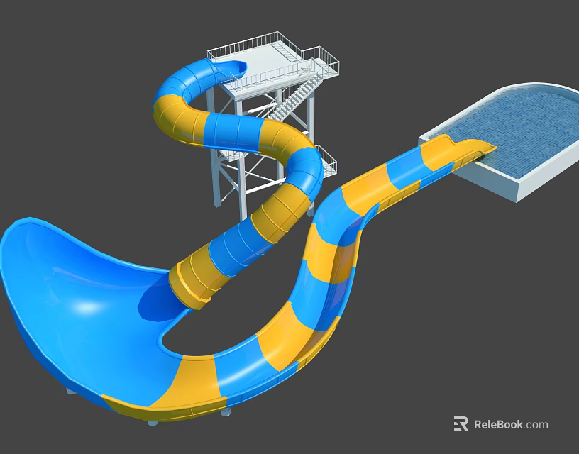 Colorful Spiral Water Slide with Blue Yellow Sections Platform Stairs and Pool 3d model 
