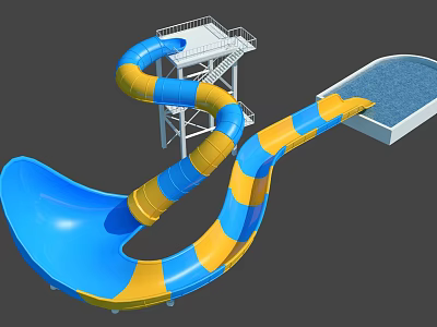 Colorful Spiral Water Slide with Blue Yellow Sections Platform Stairs and Pool 3d model