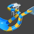 Colorful Spiral Water Slide with Blue Yellow Sections Platform Stairs and Pool