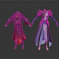Anime Character Costumes Featuring Red Black Robe And Blue White Armor With Golden Details