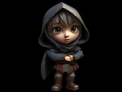 Cute Doll With Hooded Cloak Gray Hair Large Eyes Dark Top Brown Boots Hands Clasped 3d model