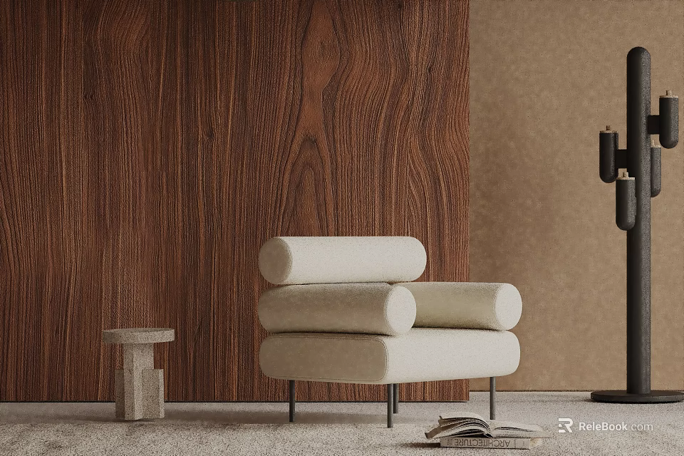 Modern Beige Accent Chair With Wooden Texture Wall And Small Side Table 3d model 