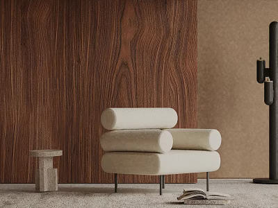 Modern Beige Accent Chair With Wooden Texture Wall And Small Side Table 3d model