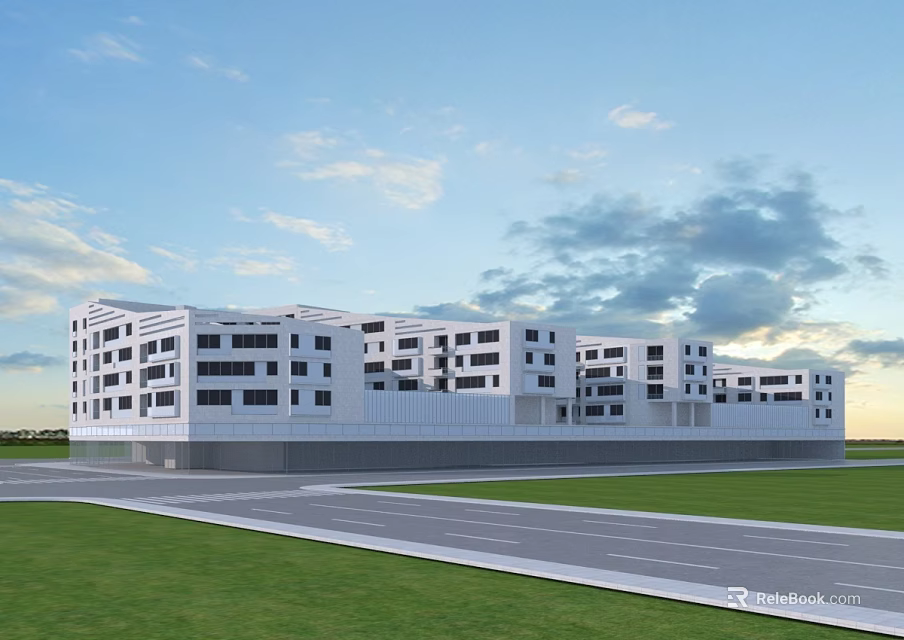 Modern White Multi Storey Office Building With Large Windows Green Lawn And Road 3d model 