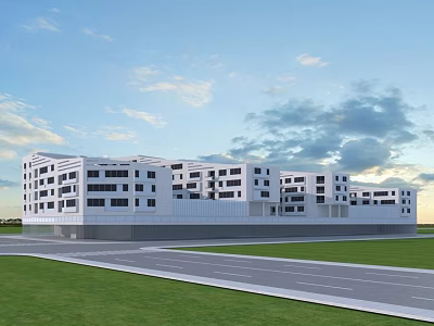Modern White Multi Storey Office Building With Large Windows Green Lawn And Road 3d model