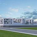 Modern White Multi Storey Office Building With Large Windows Green Lawn And Road