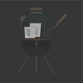 Green Barbecue Grill With Open Lid Grill Rack And Food Items On Metal Legs
