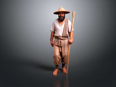 Bearded Game and Movie Character With Straw Hat Traditional Clothing And Long Staff 3d model
