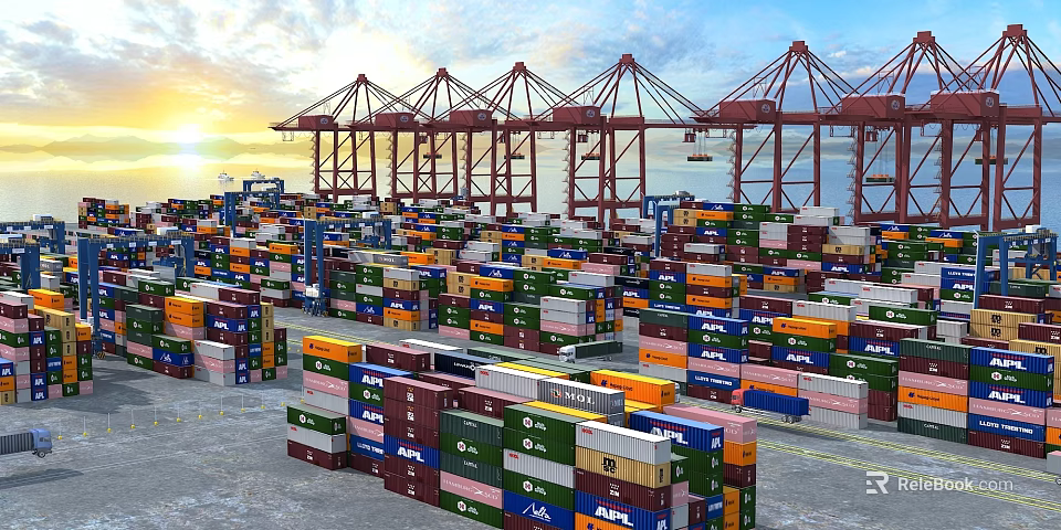 Busy Modern Container Port With Stacked Colorful Cargo Containers And Large Harbor Gantry Cranes 3d model 