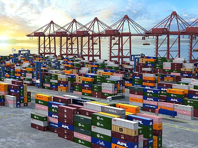 Busy Modern Container Port With Stacked Colorful Cargo Containers And Large Harbor Gantry Cranes 3d model