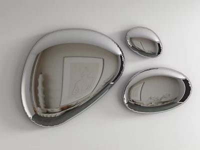 Silver Metal Wall Hangings with Irregular Shapes Reflective Surface on White Wall Modern Decor 3d model