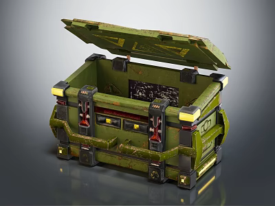 Open Green Military Crate With Metal Fittings Yellow Accents And Interior Panel 3d model