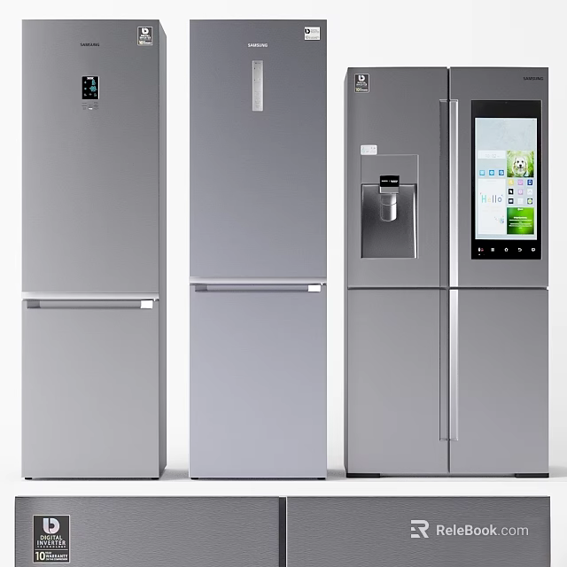 Three Modern Silver Refrigerators With Digital Display And Water Dispenser Functions 3d model 