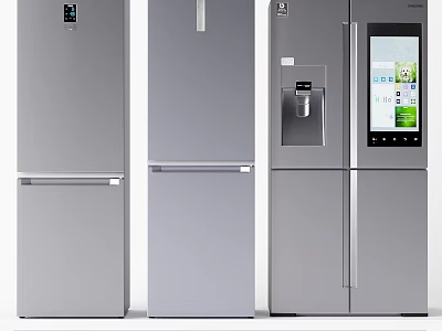 Three Modern Silver Refrigerators With Digital Display And Water Dispenser Functions 3d model