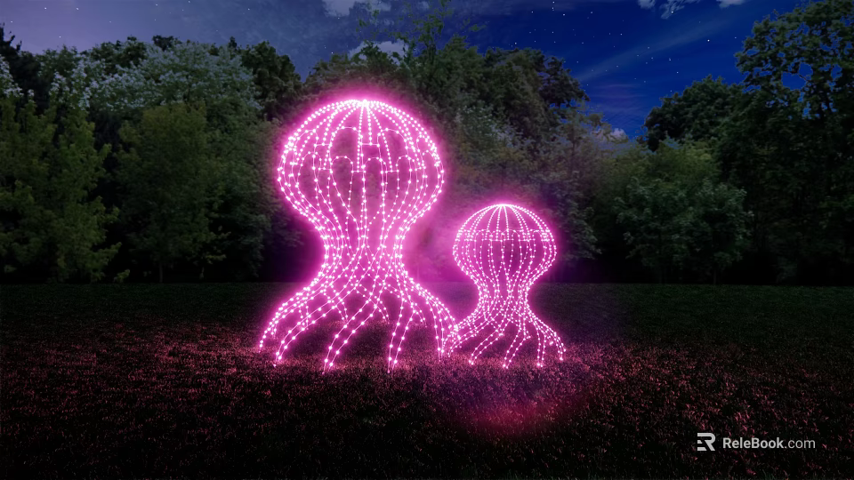 Pink Jellyfish Shaped Outdoor Lights at Night with Trees and Grass Around 3d model 