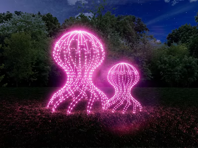 Pink Jellyfish Shaped Outdoor Lights at Night with Trees and Grass Around 3d model