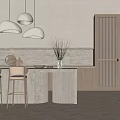 Modern Kitchen Interior With White Pendant Lights Wooden Lattice Cabinets And Marble Bar Counter