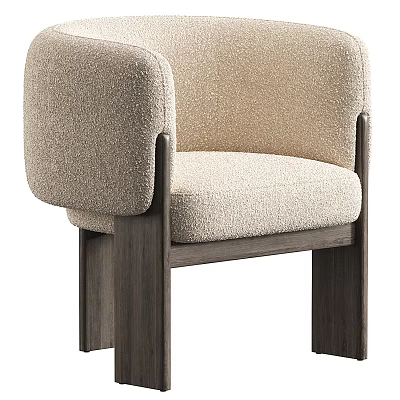 Beige Upholstered Accent Chair with Curved Armrests and Dark Wooden Legs 3d model