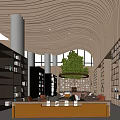 Lounge Area With Wooden Wavy Ceiling Open Space Bookshelves And Central Tree