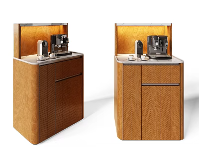 Two Elegant Wooden Herringbone Sideboards With Coffee Machine And Top Lighting 3d model