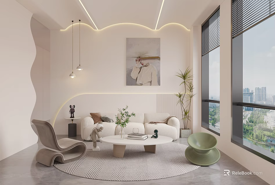 Modern Lounge Area With White Sofa Round Rug Green Plant City View And Wall Artwork 3d model 
