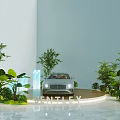 Bentley Car Display In Indoor Setting With Green Plants And Trees Around Circular Platform