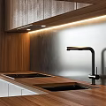 Modern Kitchen Interior With Wooden Cabinets LED Strip Lighting And Concrete Backsplash