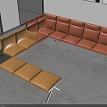 Orange Leather Double Sofa In Modern Interior With Yellow Accent Chair Ottoman And Wall Art