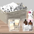 Woven Storage Basket With Folded Laundry Clothes And Transparent Boxes Holding Toiletries For Bathroom Organization