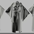 Light Gray Traditional Kimono Set With Wide Sleeves And Waist Sash