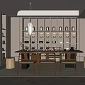Modern Tea Room Interior Design With Display Shelves And Tea Sets 3d model