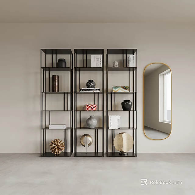 Modern Black Metal Frame Display Cabinet with Multiple Compartments and Decorative Vases Books Ornaments 3d model 