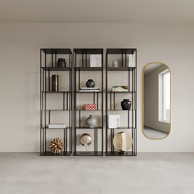 Modern Black Metal Frame Display Cabinet with Multiple Compartments and Decorative Vases Books Ornaments 3d model