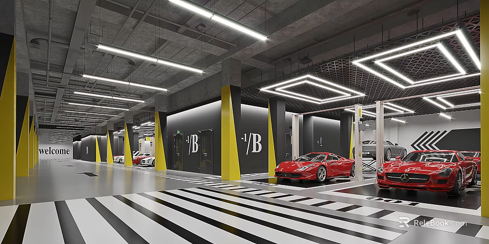 Luxury Car Dealership Showroom Featuring Red Sports Cars Black White Striped Floor And Yellow Walls 3d model 