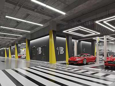 Luxury Car Dealership Showroom Featuring Red Sports Cars Black White Striped Floor And Yellow Walls 3d model