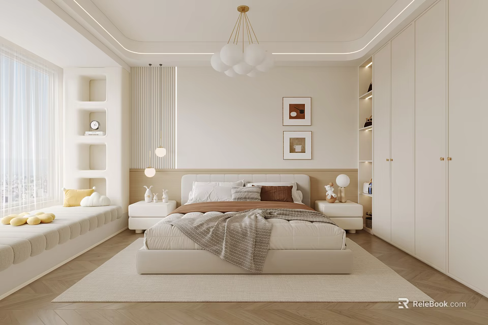 Modern Minimalist Bedroom Interior With White Bed Globe Pendant Light Herringbone Rug And Wall Art 3d model 