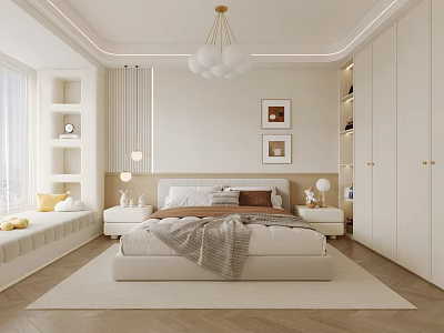 Modern Minimalist Bedroom Interior With White Bed Globe Pendant Light Herringbone Rug And Wall Art 3d model