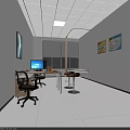 Modern Office Workspace With Desk Computer Chairs Stools And Wall Artworks 3d model
