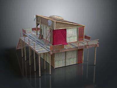 Elevated Wooden Stilt House Structure With Platform Staircase Red Fabric And Mixed Materials 3d model