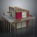 Elevated Wooden Stilt House Structure With Platform Staircase Red Fabric And Mixed Materials